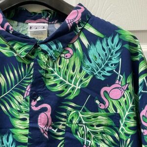 IML Men's 2XL Button Up S/S‎ Shirt Pink Flamingo Novelty Navy Palm Beach
